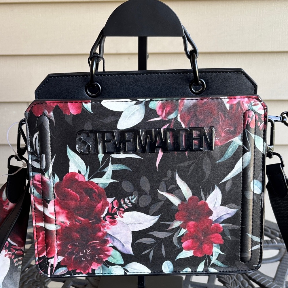 Steve Madden Black and Red Floral Satchel